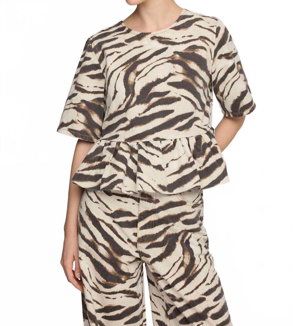 NEW GANNI print denim flounce top in egret